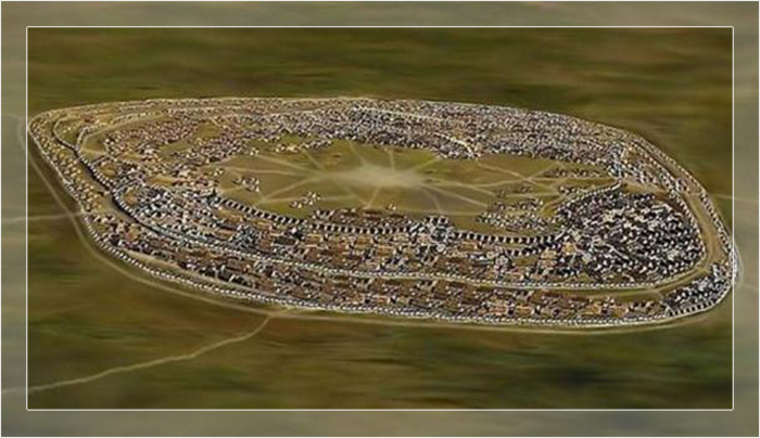 Кукутень-трипольская культура строила передовые мегапоселения. Это реконструкция трипольского города, известного как Талянки в Украине, датируемого примерно 4000 годоим до нашей эры.