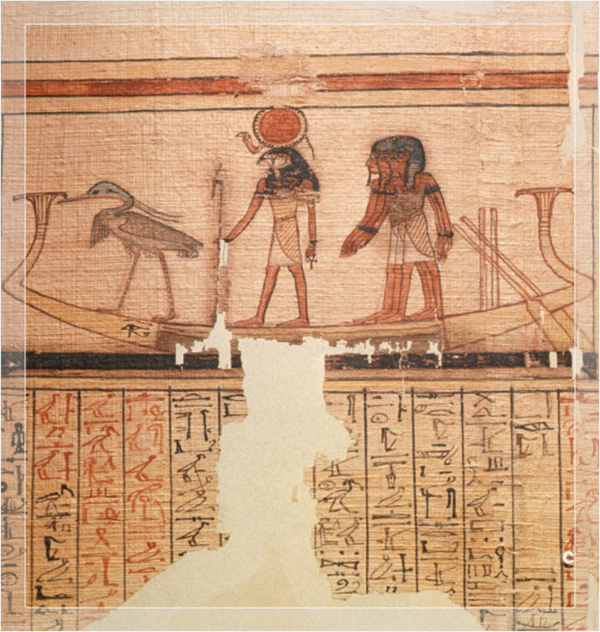 Иллюстрация из Книги Мёртвых изображает бога Солнца Ра, путешествующего по подземному миру. Бенну, священная гелиопольская птица, стоит перед Ра на носу лодки, около 1186 года до н.э.