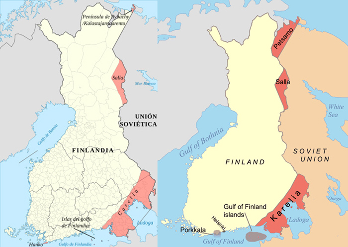 Слева: Территориальные уступки Финляндии Советскому Союзу в 1940 году после Зимней войны. Справа: Территории, переданные Финляндией Советскому Союзу в 1944 году после войны-продолжения.