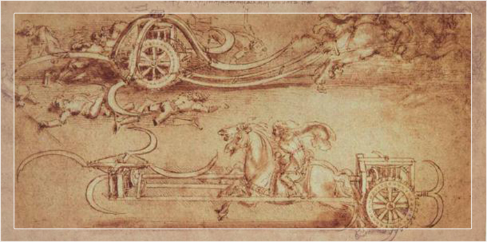 Эскиз оружия Леонардо да Винчи для серпоносной колесницы. 