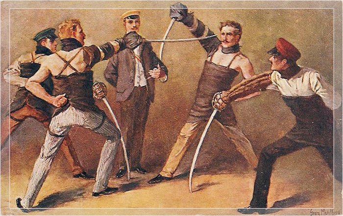 Двое немецких студентов занимаются мензурой. Картина Георга Мюльберга (1863-1925).