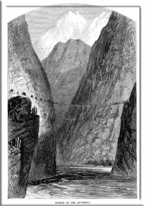 Самый длинный из верёвочных мостов инков длиной 45 метров перекинут через реку Апуримак недалеко от современного Курауаси. Этот рисунок американского археолога Э. Джорджа Сквайера был включён в книгу 1877 года о Перу.