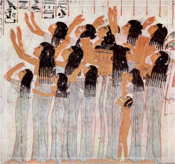 Профессиональные плакальщицы Древнего Египта, нарисованные на гробнице Рамоса, около 1411-1375 года до нашей эры.