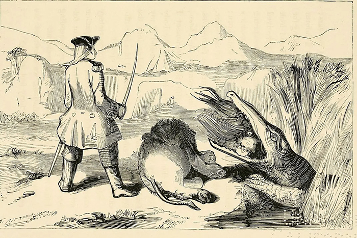Иллюстрация барона Мюнхгаузена, сражающегося с крокодилом. / Фото: Wikimedia Commons