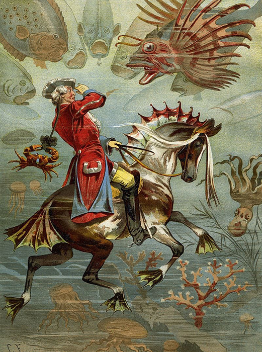 Иллюстрация барона, путешествующего под водой, 1896 года. / Фото: Wikimedia Commons