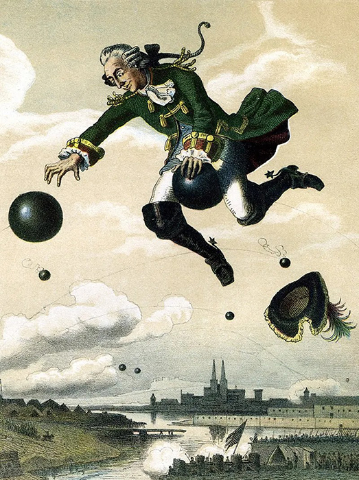Иллюстрация 1872 года, изображающая Мюнхгаузена верхом на пушечном ядре. / Фото: Wikimedia Commons