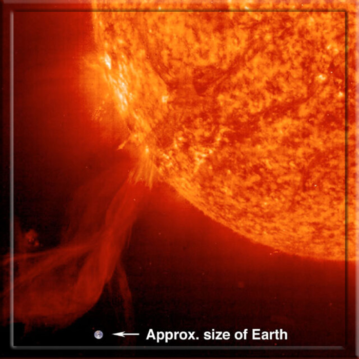 Изображение Солнечной и гелиосферной обсерватории (SOHO) солнечного протуберанца, извергающегося с поверхности Солнца в 2002 году. Земля добавлена ​​для масштаба.