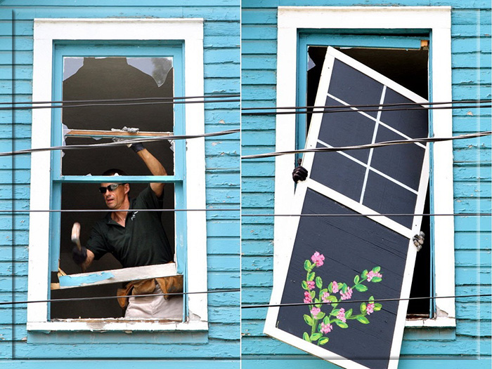 Фальшивые фанерные панели с красивыми рисунками вставляли в окна заброшенных домов, чтобы показать, что они на самом деле жилые.