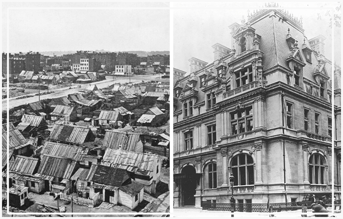 Слева: вид на трущобы и многоквартирные дома в Нью-Йорке, около 1895 года. Справа: поместье богатого бизнесмена Джона Джейкоба Астора в Нью-Йорке, расположенное на роскошной Пятой авеню, около 1912 года.