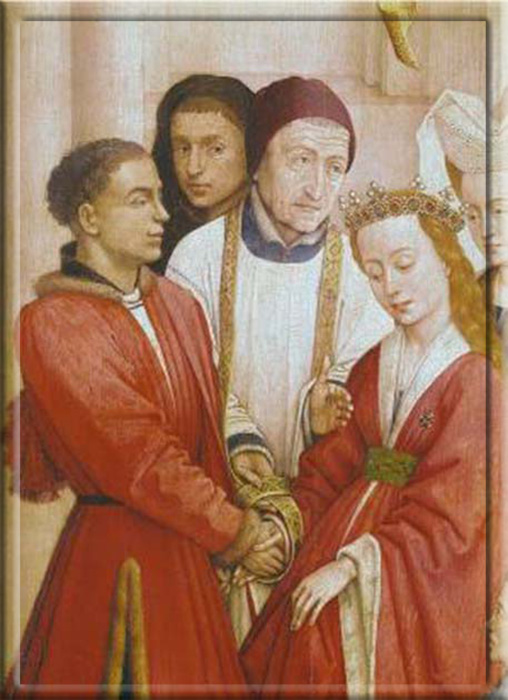 Брак Церковью считается священным таинством. Аннулирование может быть предоставлено, если есть доказательства того, что брак не был заключён. Картина Рогира ван дер Вейдена, около 1445 года.