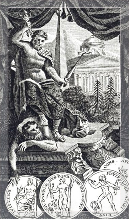 Гравюра с изображением Юпитера, верховного римского бога  и Сатурна, которого он свергает с престола. Владыка неба и несущий свет – в правой руке он держит молнию, 18 век.