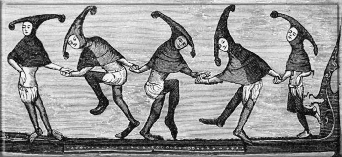 Иллюстрация «Танца Морриса», в котором участвовали средневековые шуты.