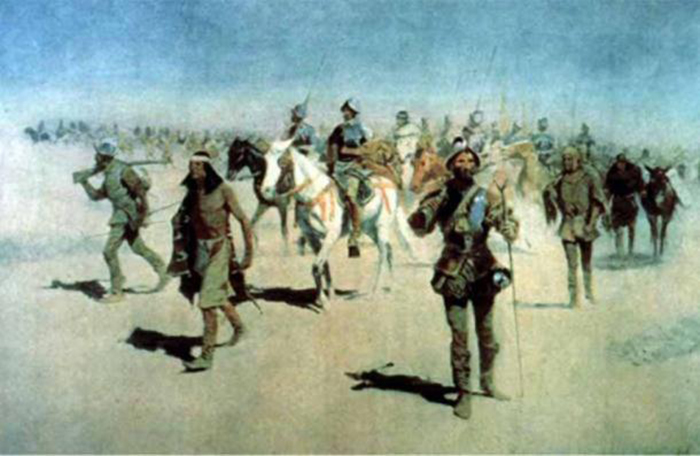 Картина Фредерика Ремингтона, изображающая Франсиско Васкеса де Коронадо и его армию, идущую на поиски Сиболы. / Фото: wikimedia.org