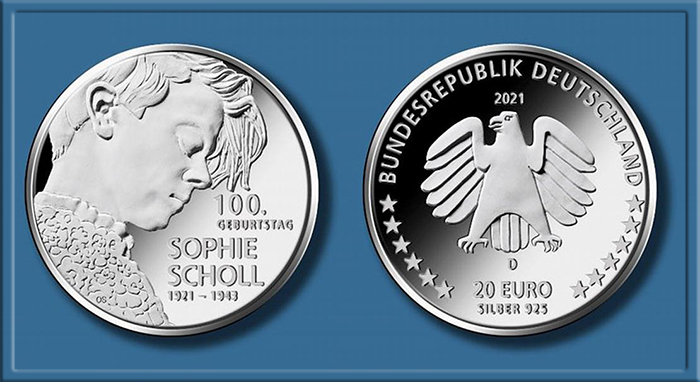 Памятная серебряная монета к 100-летию со дня рождения Софи Шолль.