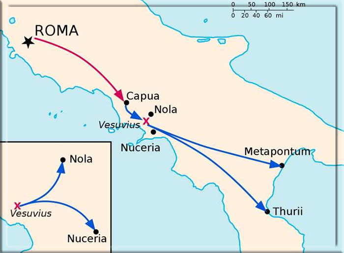 Передвижение римских (красные линии) и рабских (синие линии) сил после восстания в Капуе.