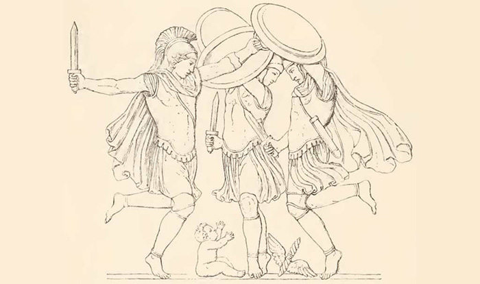 Куреты танцуют со своим оружием и щитами вокруг младенца Зевса, иллюстрация Вильгельма Генриха Рошера (1890 г.). / Фото: Wikimedia Commons