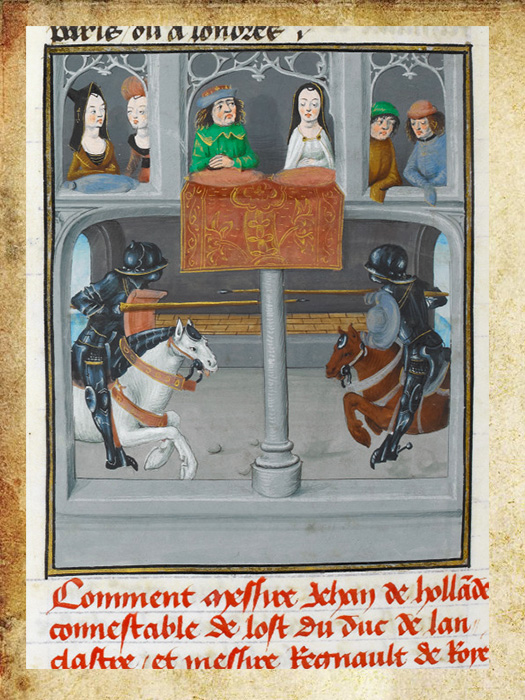 Деталь миниатюры рыцарского турнира 1387 года между Джоном де Холандом и Реньо де Роем.