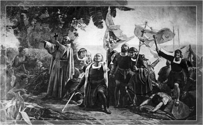 Христофор Колумб высаживается в Америке с братьями Пьюзон, несущими флаги и кресты, Д. Пуэбла (1832–1904).