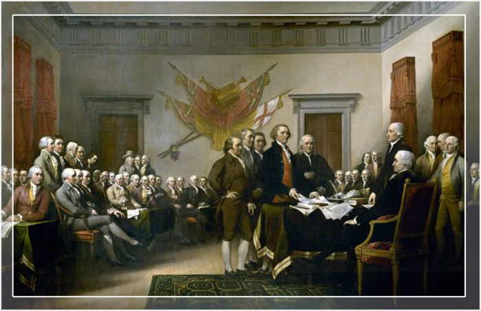 Картина Джона Трамбалла «Декларация независимости», изображающая редакционный комитет Декларации независимости из пяти человек, представляющий свою работу Конгрессу.