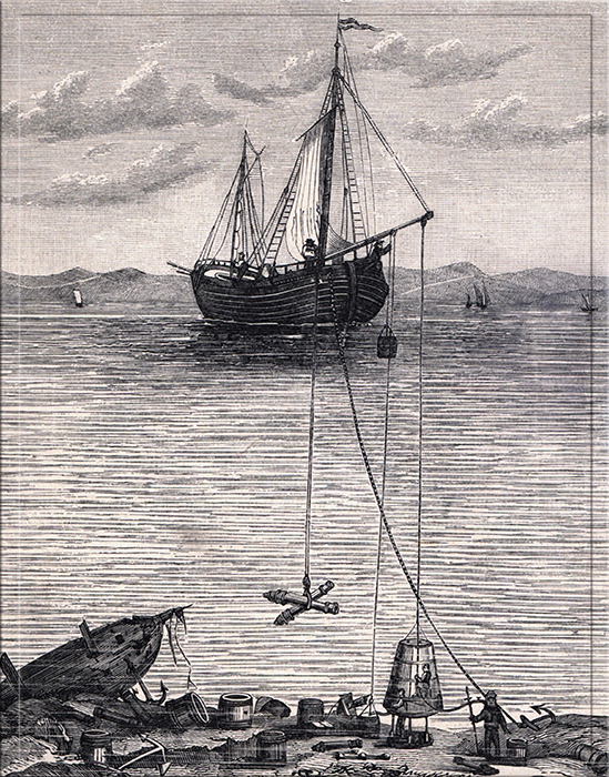 Гравюра, датируемая примерно 1880 годом, где изображены водолазы того времени.