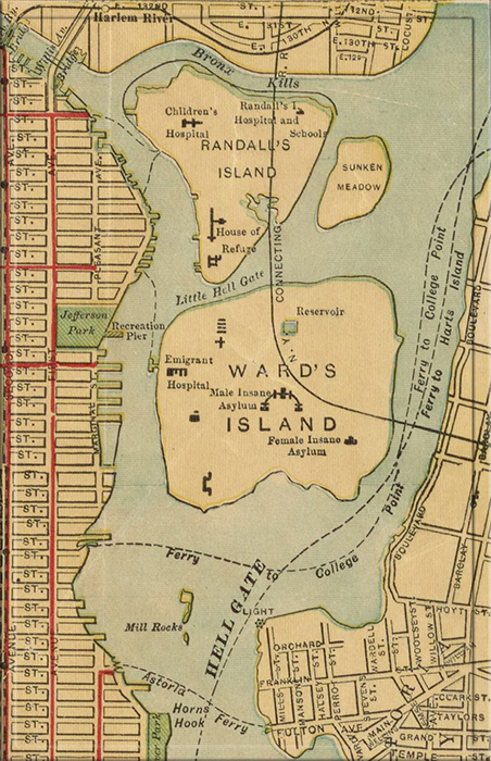 Врата ада, изображённые на карте Хаммонда 1909 года, находятся там, где Ист-Ривер огибает два острова.
