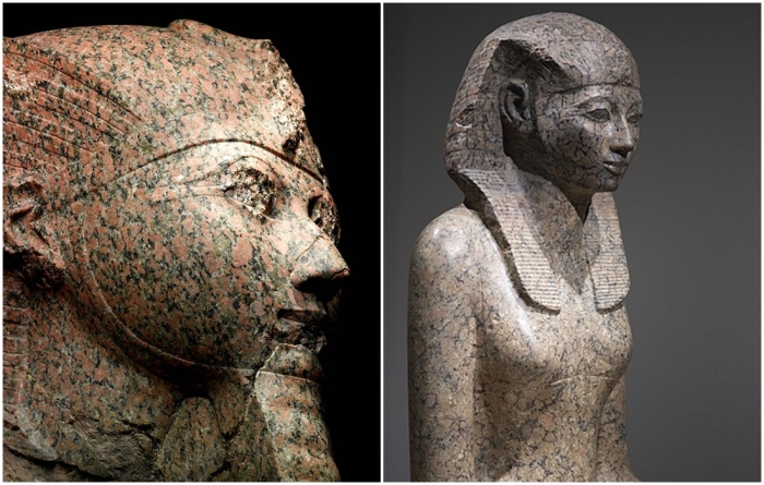 Слева направо: Восстановленная статуя Хатшепсут с царственной бородой и головным убором немес, 1479-1458 гг. до н. э. \ Статуя Хатшепсут в Лейденском музее.