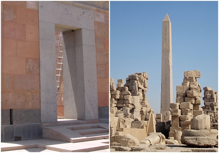 Слева направо: Восстановленное «Красное святилище» Хатшепсут в Карнаке. \ Тридцатиметровый обелиск Хатшепсут в Карнаке.