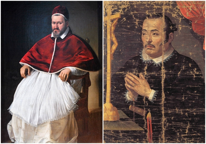 Слева направо: Папа Павел V. \ Хасэкура, принявший христианство и взявший имя Фелипе Франсиско.
