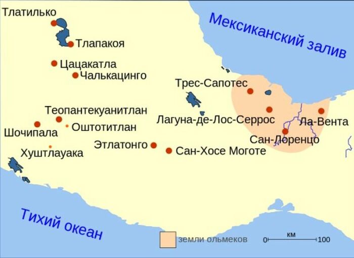 Точки на карте Мексики, где обнаружены ольмекские артефакты, оранжевым обозначено государство ольмеков. \ Фото: bing.com.