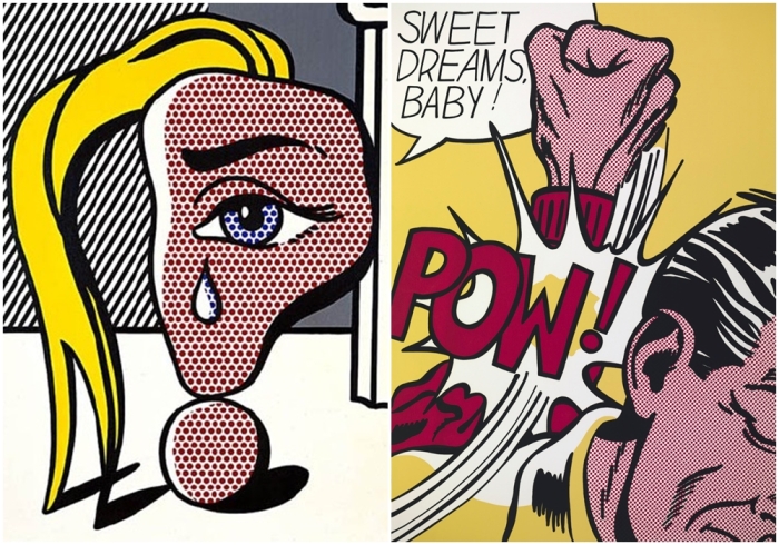 Слева направо: Девушка со слезой, Рой Лихтенштейн. \ Сладких снов, детка!, Рой Лихтенштейн, 1965 год.