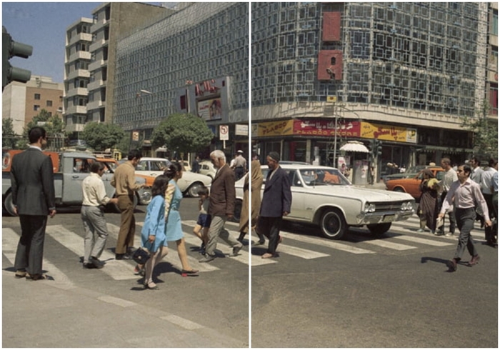 Пешеходы переходят дорогу в оживленном городе Тегеране в 1970 году.