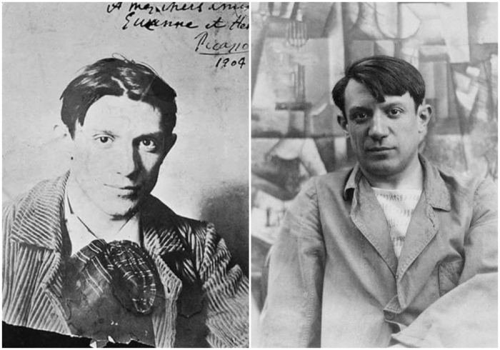 Слева направо: Пикассо в 1904 году. \ Пикассо перед своей картиной (Базельский художественный музей) на вилле Les Clochettes, лето 1912 года.