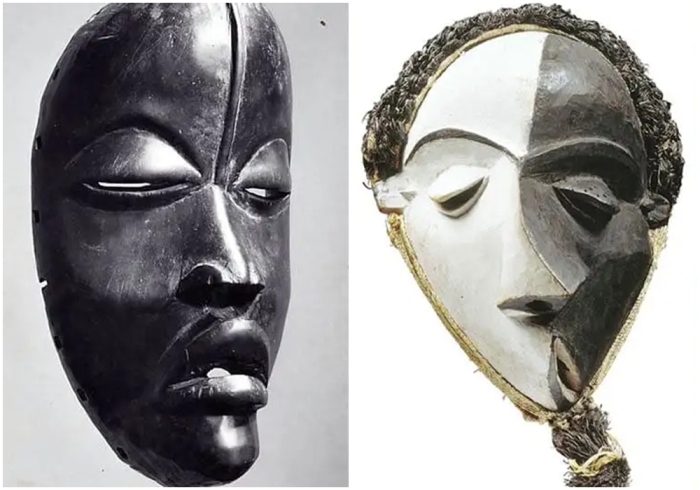 Слева направо: Деревянная маска народности Дан. \ Маска типа Мбангу (маска болезни).