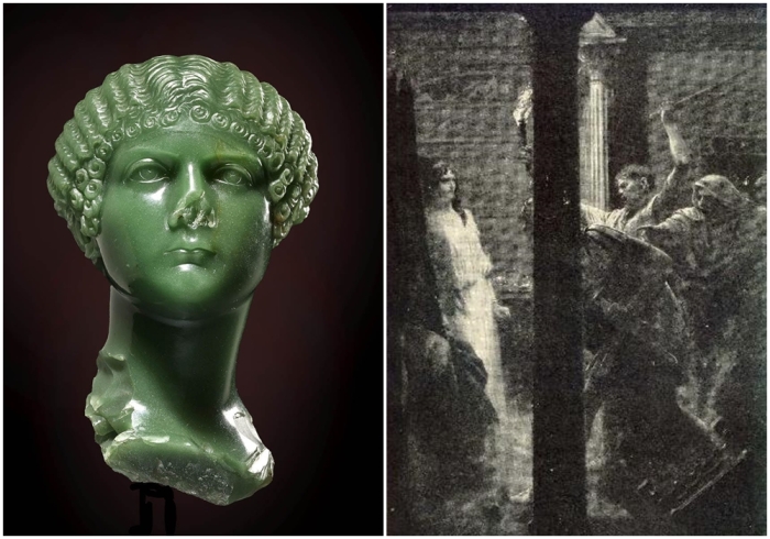 Слева направо: Халцедоновая камея портрет бюст Агриппины Младшей, 37-39 гг.н. э. \ Смерть Агриппины, Андре Кастень.