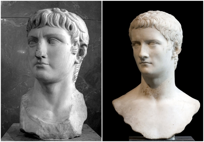 Слева направо: Гай Юлий Цезарь Август Германик, бюст из Кордовы (Испания). \ Мраморный бюст Калигулы, I век, Метрополитен-музей, Нью-Йорк.