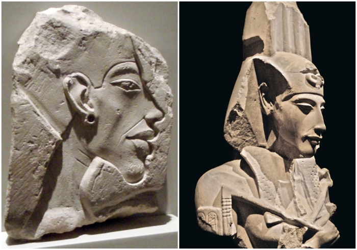 Слева направо: Барельеф с изображением Эхнатона. \ Фрагмент колосса Эхнатона из храма Атона в Карнаке, Каирский музей.