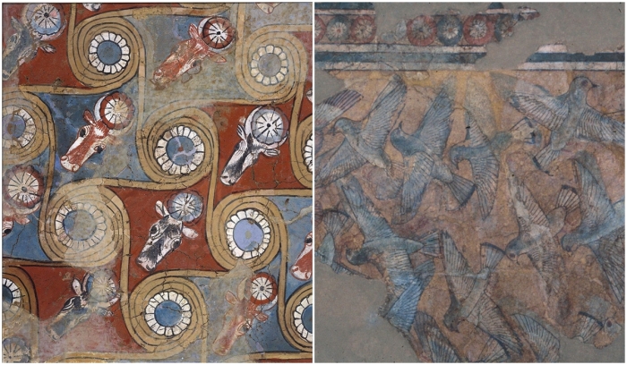 Слева направо: Потолок дворца Малката, дома Аменхотепа III и места проведения его юбилейных фестивалей, около 1390-1353 гг. до н. э. \ Фрагмент потолка с изображением птиц из дворца Аменхотепа III.