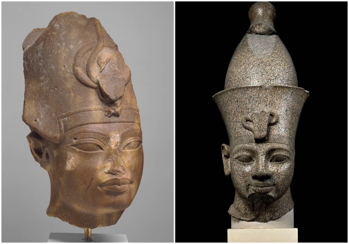 Слева направо: Кварцитовая голова Аменхотепа III, демонстрирующая его культовые черты, около 1390-1352 гг. до н. э. \ Голова Аменхотепа III из красного гранита, некогда часть массивной статуи, около 1370 года до н. э.