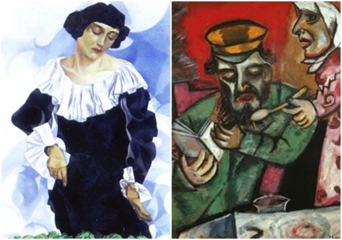 Слева направо: Белла в белом воротничке, Марк Шагал, 1917 год. \ Ложка молока, Марк Шагал, 1912 год.