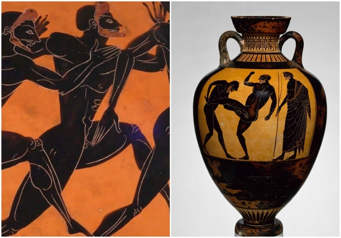 Слева направо: Панафинейская призовая амфора с изображением соревнований по бегу, выполненная в Аттике художником Эвфилетом, около 530 года до н.э. \ Панафинейская призовая амфора с изображением поединка по панкратиону, изготовленная в Аттике художником Клеофрадом около 500 года до н.э.