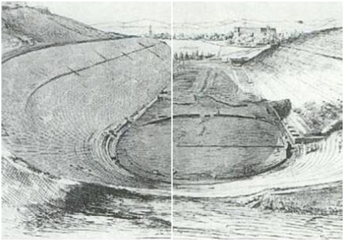 Раскопки древнего афинского стадиона, который по форме мог напоминать олимпийский (зарисовка около 1870 года).