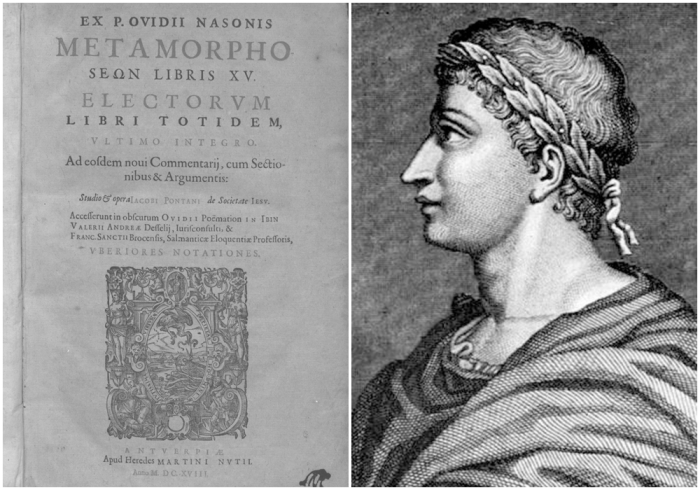 Слева направо: «Метаморфозы» Овидия, 1643 год. \ Овидий, портретная фантазия художника.