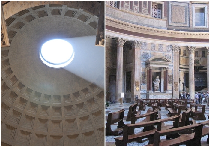 Слева направо: Световой поток в куполе храма. \ Внутреннее убранство Пантеона.