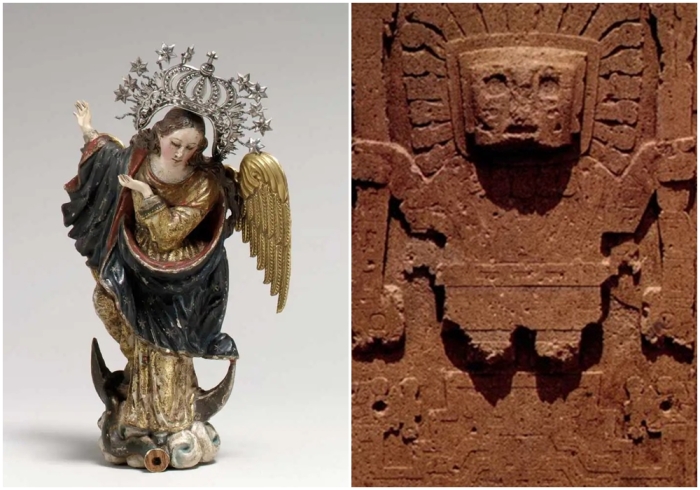 Слева направо: Пресвятая Дева Кито, 18 век. \ Деталь из Ворот к солнцу в руинах Тиуанако, на которой изображено божество (учёные спорят, какое именно).