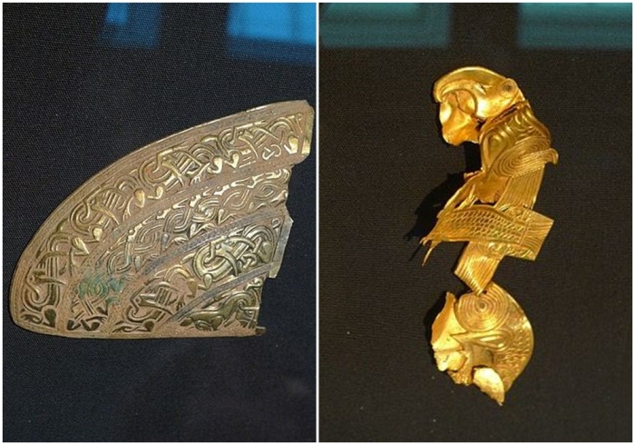 Слева направо: Кусочек пластины от шлема, предназначенный защищать щёки. \ Табличка из листового золота.