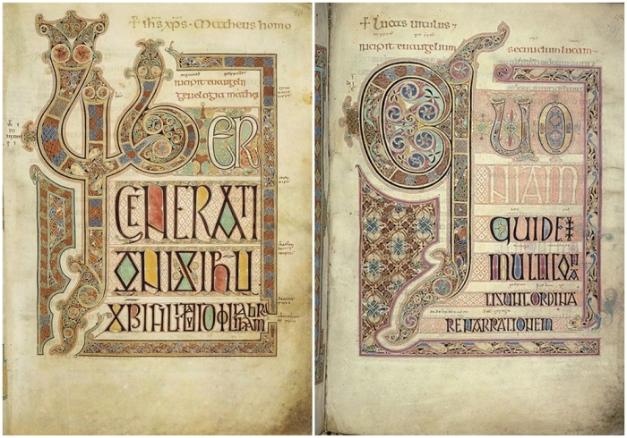Слева наперво: Евангелие из Линдисфарна содержит отрывок из Евангелия от Матфея. \ Евангелие от Луки.