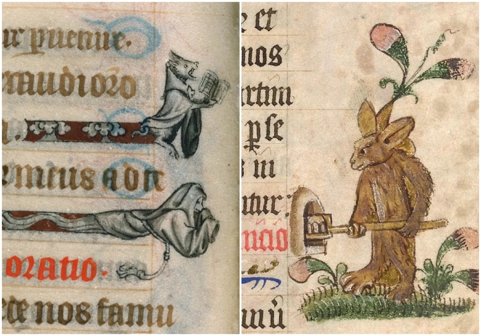 Слева направо: Часослов Жанны дЭврё, королевы Франции, 1324-28 гг. \ Деталь записи из Лансдауна, первая четверть XV века.
