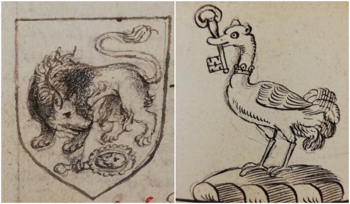 Слева направо: Тигр на гербе (Англия, IV четверть XVI века - I четверть XVII века). \ Страус как геральдический герб (Англия, XVII век).