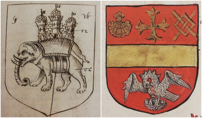 Слева направо: Слон на гербе (Англия, около 1632 года). \ Пеликан на гербе (Англия, XVI век).