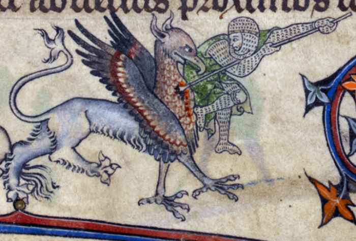 Рыцарь, пронзающий копьем грифона, Псалтирь Альфонсо (Англия, конец XIII века - начало XIV века).